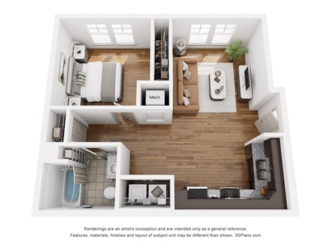 Floor plan for 1 bed, 1 bath, 676 sqft